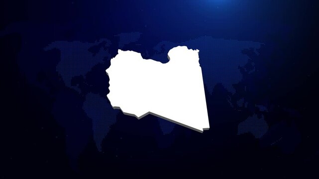 Libya map, country territory outline self drawing animation. 3D white map blue background.