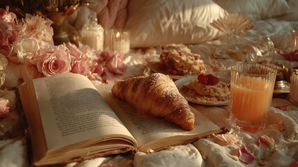 A delightful breakfast spread on a bed, featuring a croissant, pastries, and a book.