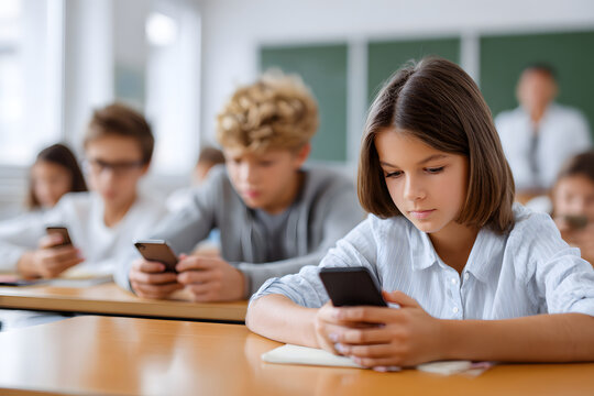 Students engaged with smartphones in a classroom setting Generative AI