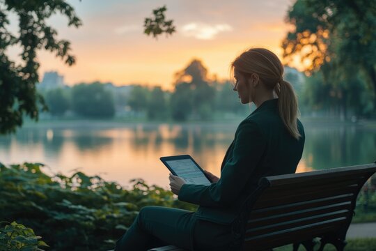 Businesswoman uses tablet outdoors at sunset, reviewing documents by a lake.
