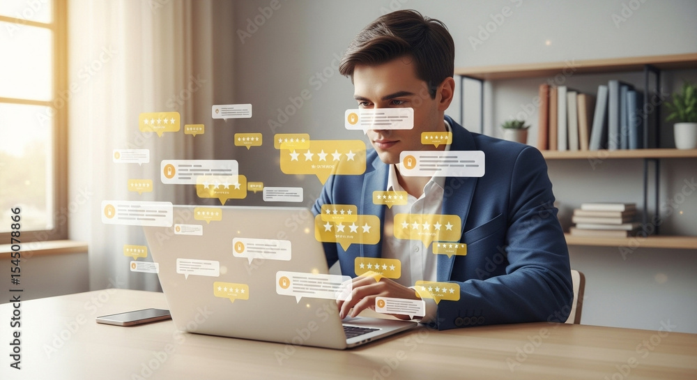Poster Man in suit using laptop with floating review bubbles and stars in a bright office setting indoors