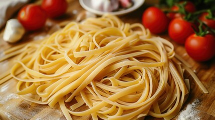 Fresh Uncooked Fettuccine Pasta with Cherry Tomatoes and Garlic on Wooden Surface