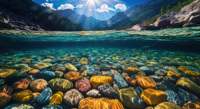 Colorful pebbles under clear water with sunlight streaming through, creating vibrant and serene scene