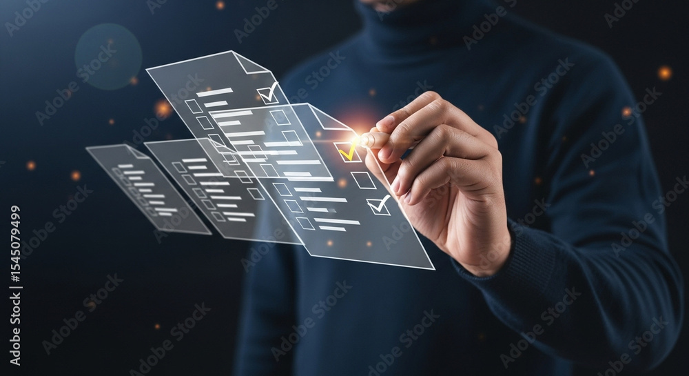 Poster Person interacting with digital checklist interface with pen in a dark background setting