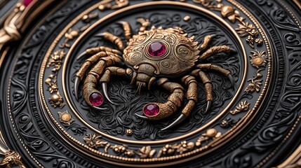 Obraz premium Golden decoration in the form of a sea crab with precious stones. Illustration on the theme of wealth and treasures.