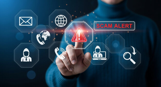Person touching scam alert icon surrounded by digital icons on a blue background display screen
