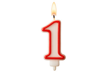 Red-white numeral birthday candle burning brightly, casting celebratory glow against transparent backdrop for party decorations