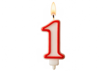 Red-white numeral birthday candle burning brightly, casting celebratory glow against transparent backdrop for party decorations