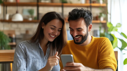 Couple comparing electricity usage trends month-over-month on a mobile app, celebrating reduced consumption, high-resolution smart home efficiency shot —ar 16:9 