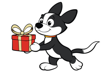 A cheerful cartoon dog joyfully carries a red present with a gold bow to someone