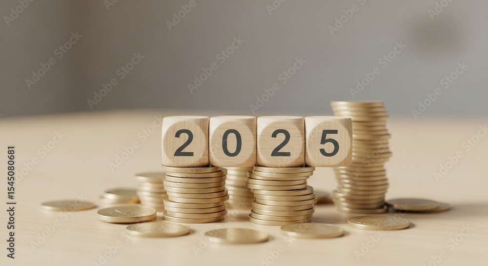 Poster Wooden blocks displaying the year two thousand and twenty five on stacked coins in a studio setting