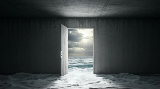 Open door in dark room leading to ocean view with clouds and water flooding inside the room space