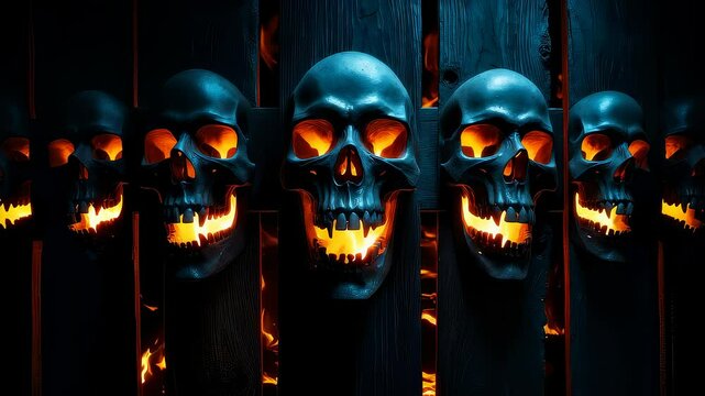 Flaming skulls erupt against dark wooden wall