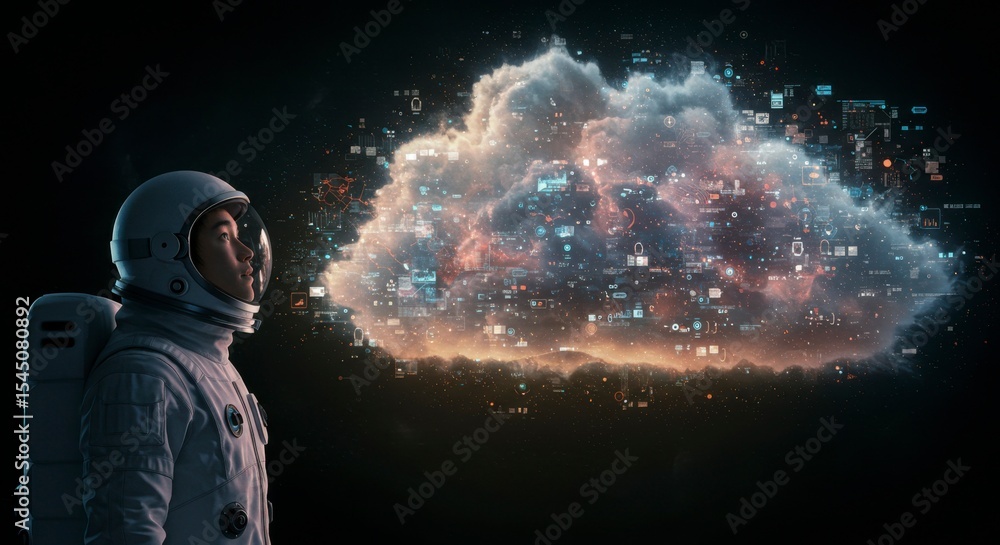 Poster astronaut gazing at a vast, digital cloud, filled with intricate data streams