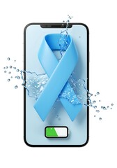 Light blue ribbon surrounded by water splashes and bubbles emerging from a phone screen with a green battery icon. Prostate cancer awareness digital concept