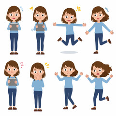 Expressive Girl Character Set: This charming illustration set presents a versatile cartoon girl exhibiting a range of emotions and activities, from holding a tablet to expressing joy and uncertainty.