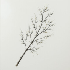 Botanical Illustration: Delicate Branch With Leaves Against White Background