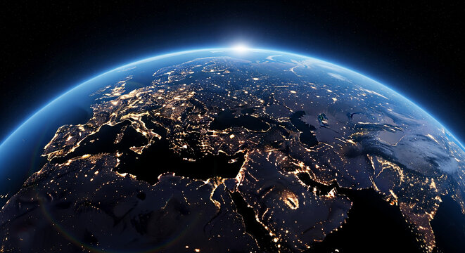 Night view of Earth from space, showcasing Europe and parts of Asia and Africa illuminated, depicting global connectivity and human presence