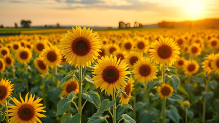 Fototapeta premium Golden hour sunflowers in a vast field, vibrant blooms at sunset.