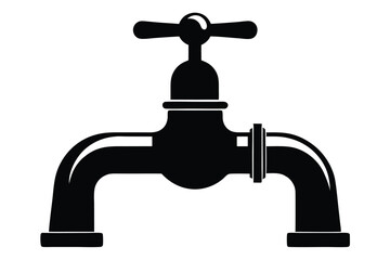 Silhouette Illustration of a Vintage Water Tap with Handle and Pipe Connections