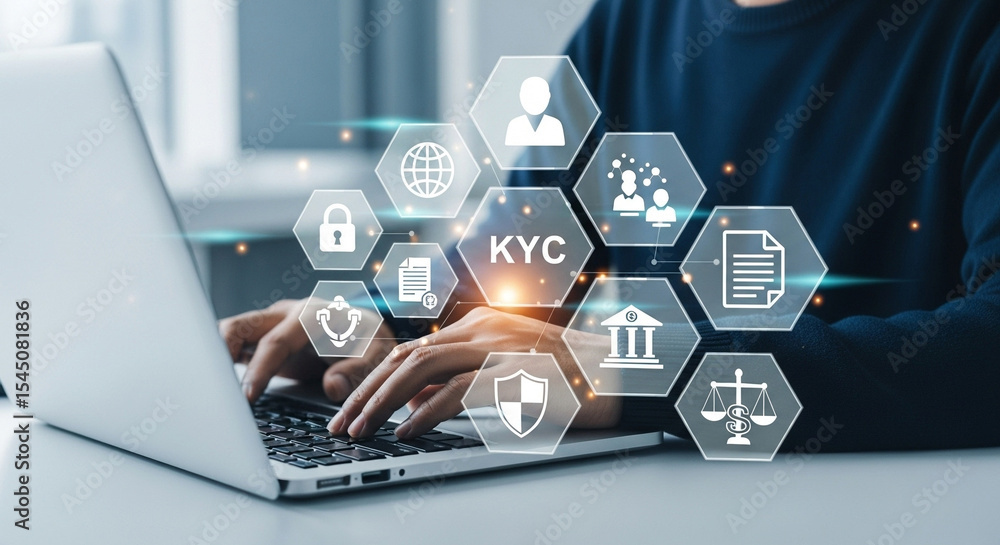 Poster Person using laptop with kyc and security icons floating above keyboard in a digital environment