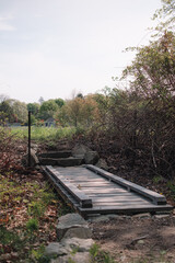 The view from a public hiking trail in Newburyport, Massachusetts. This trail is located in a wooded part of the city, not far from downtown or the ocean. A wooden footbridge crossing a ditch.