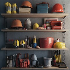 Indoor storage shelf filled with various masonry tools and safety gear. 