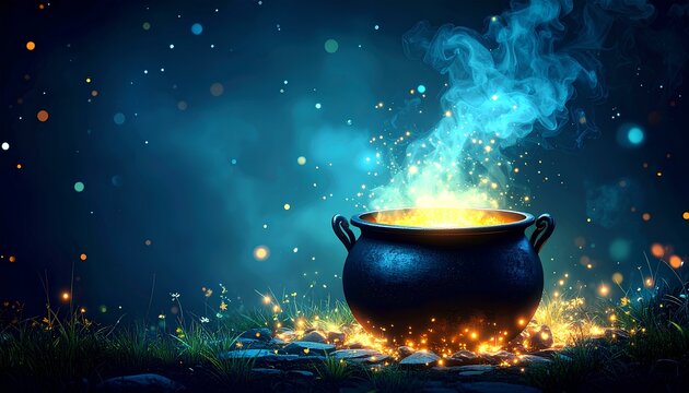 A magical cauldron on dark background with copy space.