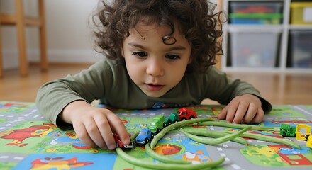 Adorable Toddler Engaging in Creative Play with Toy Cars and Green Beans