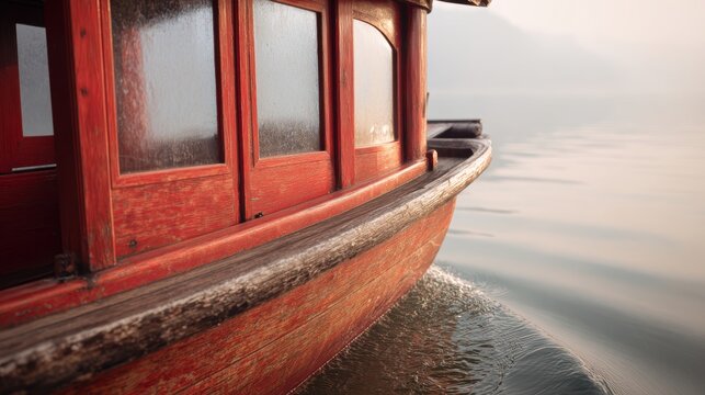 Traditional wooden boat gliding through calm water at sunrise in serene landscape