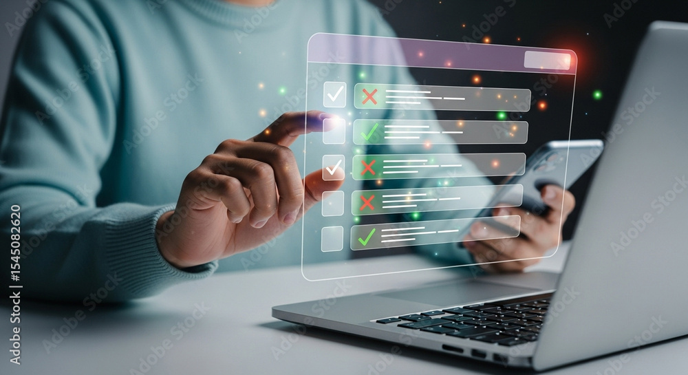 Poster person interacting with a digital checklist on a translucent screen near a laptop and a smartphone