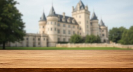 Wooden table in front of a blurred fairytale castle