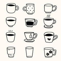 vector illustration of cup and mug doodle art set, scribble hand drawn art,icon and symbol