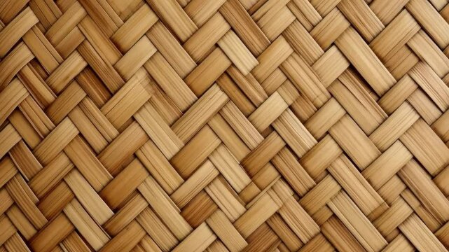 Close-up of handwoven brown bamboo strips, forming a traditional basketry pattern, showcasing natural fibers and textured surface.