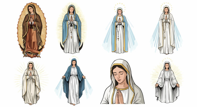 Set of vector illustrations of Virgin Mary in different apparitions: Our Lady of Guadalupe, Fatima, Lourdes, in serene and sacred poses