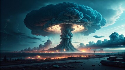 Nuclear Explosion Over City with Massive Fireball and Destruction