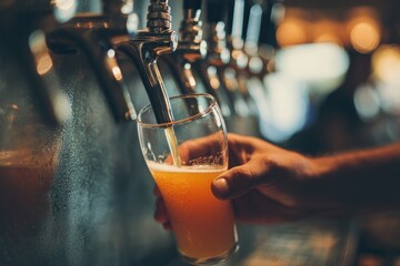 Pouring a refreshing craft beer at a lively brewery during the evening hours with friends enjoying their drinks