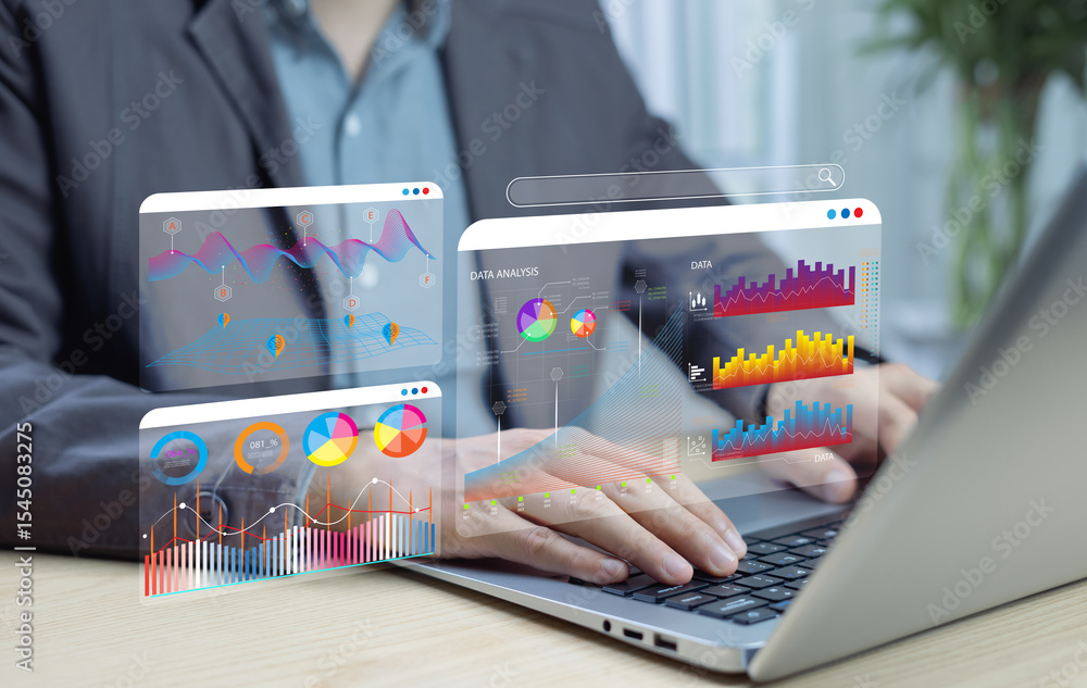 Poster businessman using data science and ai-driven big data dashboards to analyze kpis, evaluate performan