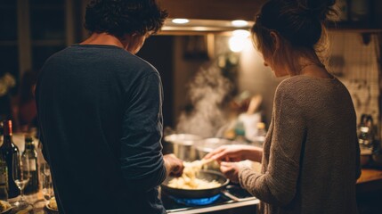 Couple cooking together in a cozy kitchen during a quiet evening at home