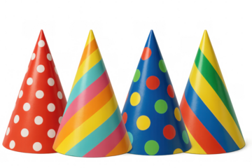 Four vibrant party hats with different patterns stand ready for a celebration, isolated on a transparent background
