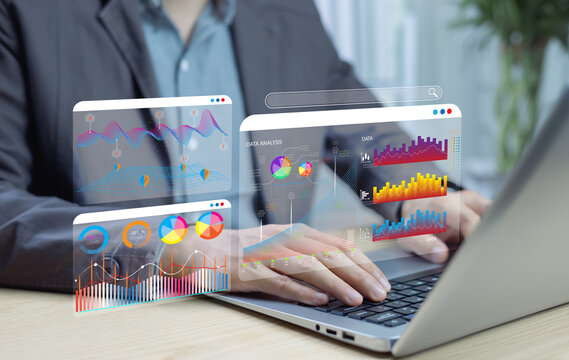 Businessman using data science and AI-driven big data dashboards to analyze KPIs, evaluate performance, and make strategic business decisions with advanced technology. - Powered by Adobe