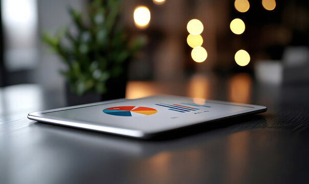 Tablet Screen Displaying Business Insights on a Wooden Table with Soft Lighting - Powered by Adobe