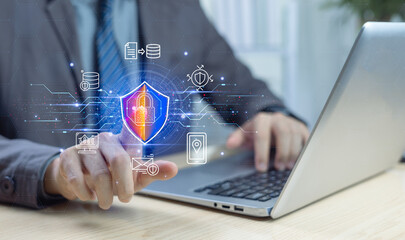 Cybersecurity and network data protection, businessman touch lock keys for business, intelligence...