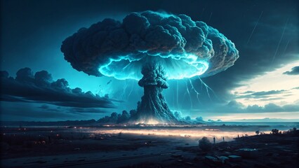Nuclear Explosion Over City with Massive Fireball and Destruction