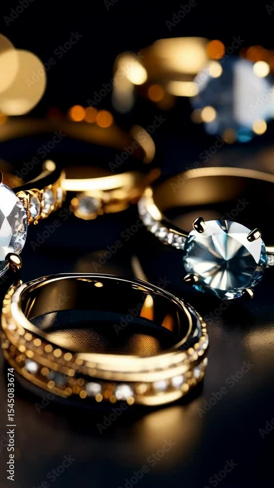 Poster collection of elegant gold rings adorned with gems and diamonds resting on a dark surface with bokeh