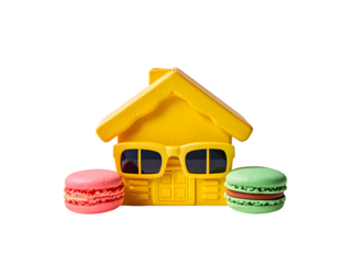 Yellow House Model Wearing Sunglasses Flanked by Pink and Green Macarons on Black Background isolated on a transparent background