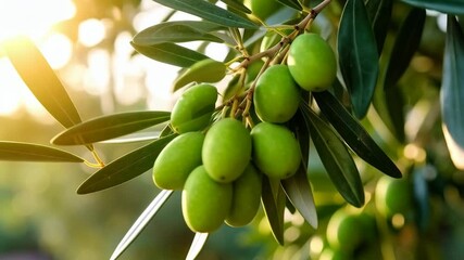 Sunlit olive branch featuring unripe green olives amongst vibrant green leaves, with blurred background in soft natural light. - Powered by Adobe