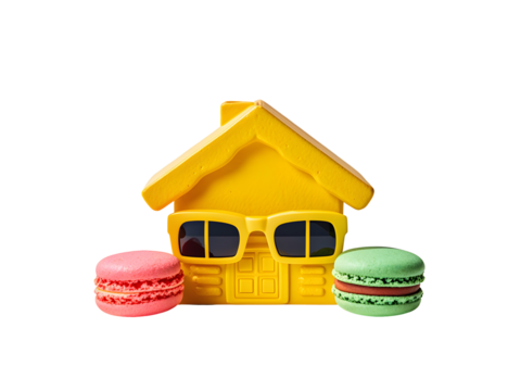 Yellow House Model Wearing Sunglasses Flanked by Pink and Green Macarons on Black Background isolated on a transparent background