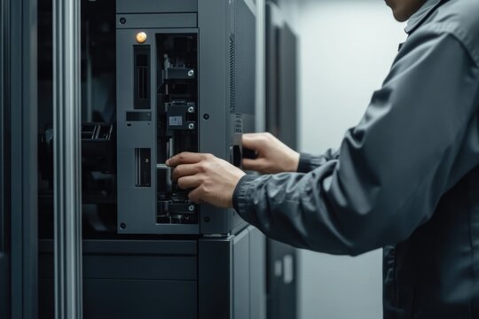 A technician meticulously installs or maintains server hardware in a data center. - Powered by Adobe