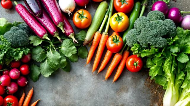 Fresh organic vegetables border on grey background